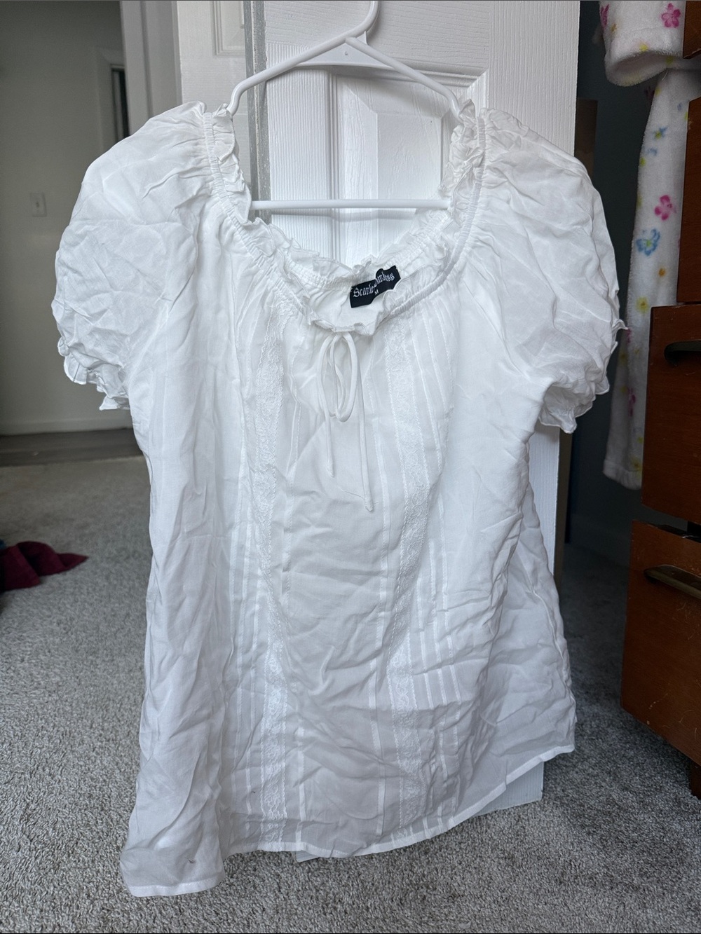 Boho White Peasant Blouse with Tie Neck